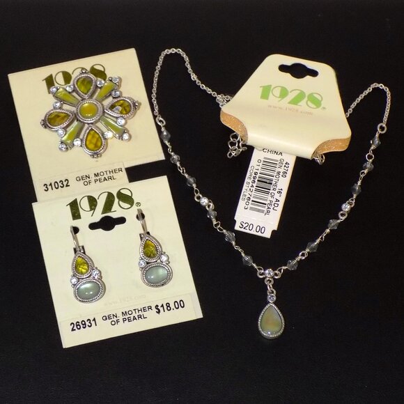 1928 Jewelry - Lot of 3 New 1928 Mother of Pearl Set Necklace, Brooch & Earrings Bundle